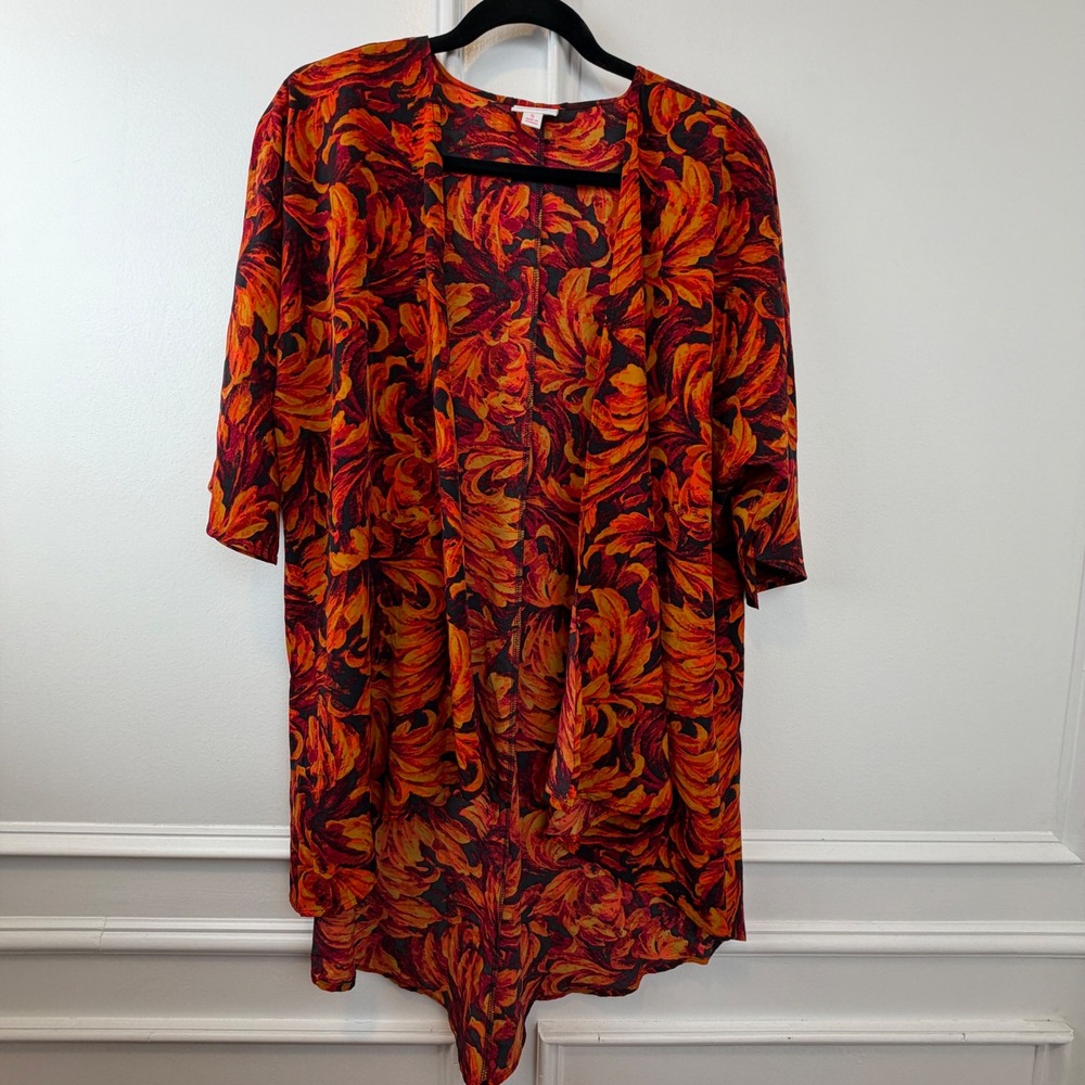 LuLaRoe Lindsay Kimono Cardigan Small Orange Red Leaf Print High Low Open Front